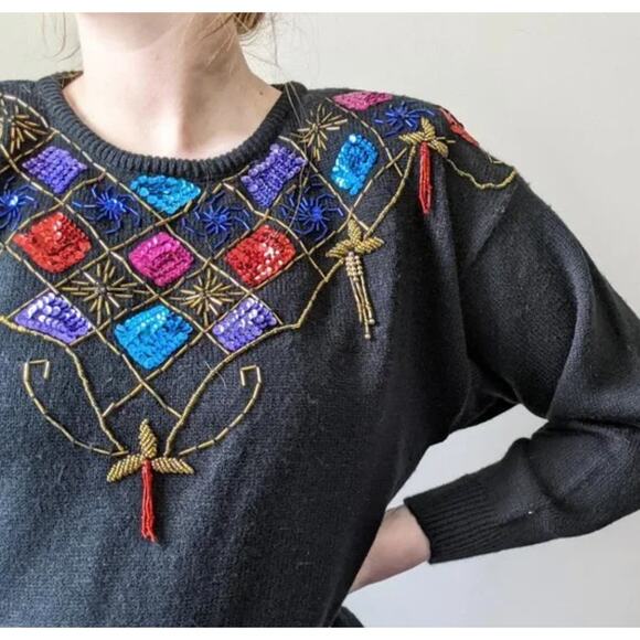 Vintage 80s Beaded Sequined Western Sweater - Picture 2 of 11